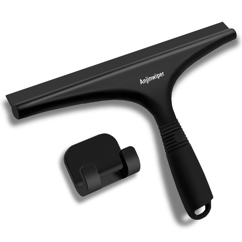 Anjinwiper All-Purpose Shower Squeegee for Glass Doors with Hook  Silicone Squeegee for Shower Glass  Shower Doors  Windows  Bathroom  Mirrors and Tiles(10 inch  Black) - Image 1